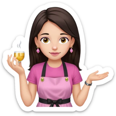 Fille cheveux long châtain foncé, peau beige type européen yeux marron, teeshirt rose avec un tablier noir, piercing au nez anneau doré, boucle d’oreille type diamant doré. Elle fait les ongles nail artiste sur le tablier écrire NIELART en rose  sticker