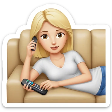 a blonde woman laying in a coach with a remote in her hand sticker