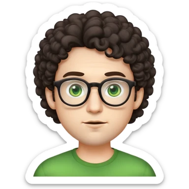 young male emoji with wide face, fuller lips, very poofy voluminous dark slightly curly hair, big ears, pale skin, glasses, green eyes set wider apart, very light stubble sticker