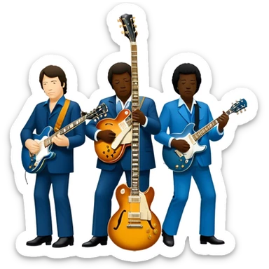 Icon for Blues Music: close-up collage of legendary blues artists. Gary Moore, Eric Clapton, B.B. King and Joe Cocker. Represented by silhouettes or symbolic items like guitars, microphones, or music notes, reflecting the soulful energy of blues music. Transparent background. sticker