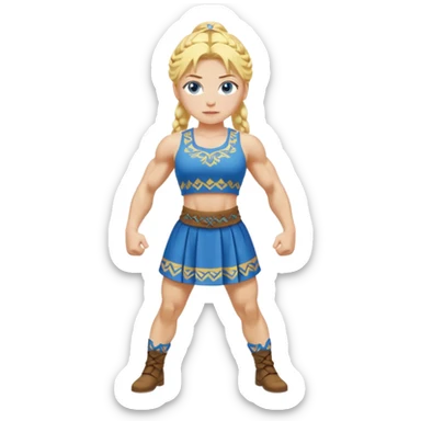 slavic girl, medium size yellow hair, flexing muscles, full body, muscled, with traditional slavic outfit, blue eyes sticker