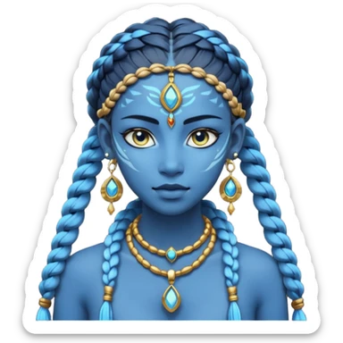 Illustrate a Pandora-style female avatar with radiant blue skin, intricate facial markings, twin braids flowing down, and deep luminous eyes. She wears golden earrings and a tribal rope necklace with a gem, her calm yet powerful gaze reflecting the spirit of the Na’vi. sticker