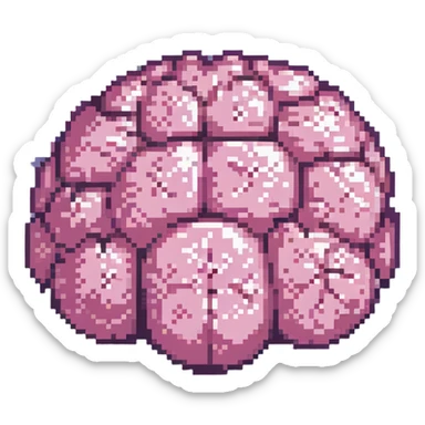 16-bit pixel art of a pink brain-shaped blob, smooth rounded brain texture, simple retro gaming style sticker