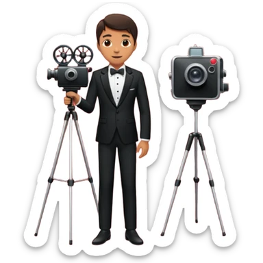 an actor standing on a red carpet with a formal tuxedo, with only one movie camera on a tripod next to him. sticker