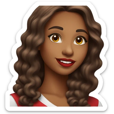 brown lady smiling, medium brown long wavy hair, bright red lips, eyelashes, wearing red “happy Valentine’s Day” t shirt sticker