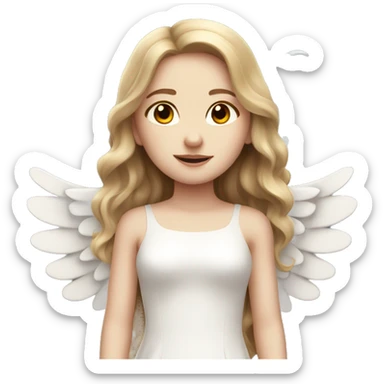 Pale skinned girl with long light brown hair in a white dress with angel wings sticker