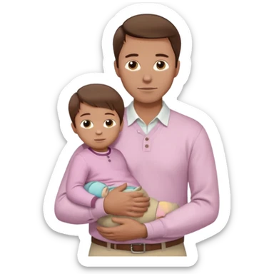 A father with neatly combed chestnut-brown hair, wearing a white button-up shirt and light khaki pants, holding his child close. The child has silky dark hair and a pale pink sweater. Bright natural light, clean and gentle mood. sticker