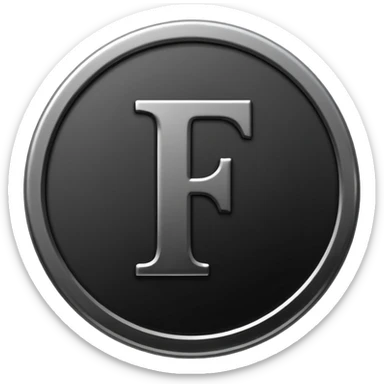 Emoji icon of a black coin with engraved letter F, minimalist style, isolated, no color sticker