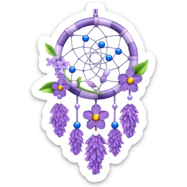 Lavender lilac pastel purple dreamcatcher-suncatcher with lavender flowers and lilac flowers attached, blue beads, and white beads, green leaves sticker