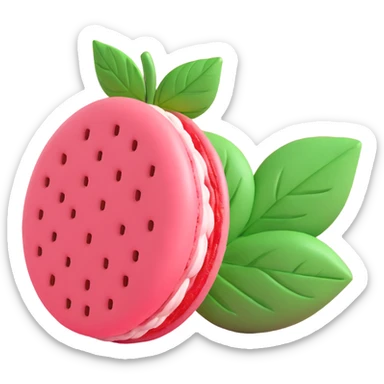 A strawberry macaron with a green leaf on top, in 3D iOS style, pastel pink and green colors, soft shadows, clean and minimalistic design sticker