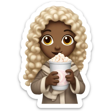 Light skin girl with curly hair under our blanket, make it so you can see the curly hairsipping hot cocoa with marshmallows, cuddled around the blanket, long curly hair, long, medium lashes sticker