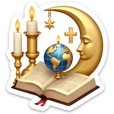 An icon featuring a holy book, a candle, and a cross, symbolizing religious studies. The design includes a globe with various religious symbols: a crescent moon and star (Islam), a lotus flower (Buddhism), representing global belief systems. Transparent background. sticker