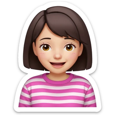 Emoji of a cute 3D girl with short dark brown bob hairstyle, wearing a pink and white striped sweatshirt. She is laughing uncontrollably, tears of joy, white background sticker
