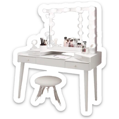 white makeup vanity with glass top and a hollywood style makeup mirror with bulbs around it. skincare and perfume on the desk neatly with white chair  sticker