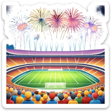 An icon showing a large stadium with bright floodlights, fireworks bursting in the sky, and a lively crowd below. The design captures the excitement and energy of concerts and festivals, with vibrant colors and a festive atmosphere. Set against a transparent background to highlight the celebration. sticker