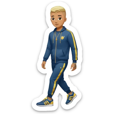 Capelli rasati ai lati con sfumatura, sopra corti e fissati con gel. Look curato e deciso. Indossa tuta firmata (Nike, Adidas, Lacoste, EA7) o jeans skinny, scarpe vistose come Air Force 1. Sempre presenti borsello a tracolla e collana d’oro E tatuaggi d’appertutto a mezzo busto sticker