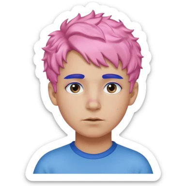 boy with short, curly pink hair, matching blue eyebrows, light brown skin, and a neutral facial expression. sticker