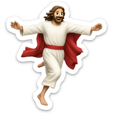 Jesus sprinting, with a large stride and arms outstretched, in a santa costume sticker