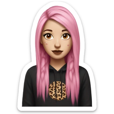 Hyperrealistic white girl with long black hair with a pink fringe and has eye makeup on, she is wearing a black and leopard print hoodie  sticker