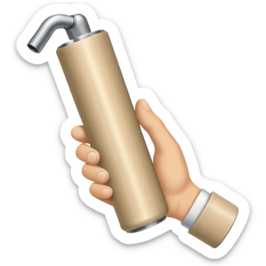 one single beige skin colored hand holding a cylindrical tube sticker