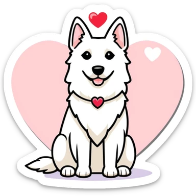 white belgian Shepherd dog with a Glitter collar . over the Dog ist a heart sticker