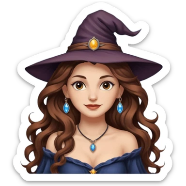 moon witch woman long wavy brown hair tattoos shoulder glance smirk sticker