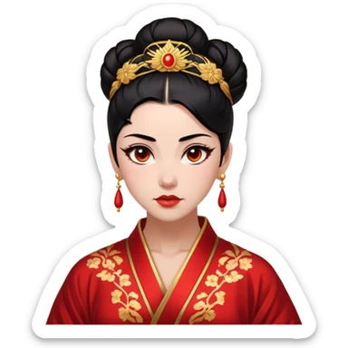 Cinematic Realistic Majestic Mulan Portrait, featuring finely rendered light skin with natural luminescence and expressive, determined eyes. Her black hair is styled with care into an elegant bun, and every fold of her traditional robe—adorned with subtle red motifs and refined gold trim—is depicted with intricate fabric detail. The scene is bathed in soft, natural light that enhances the depth and authenticity of the image, conveying a noble and serene aura that embodies timeless elegance and inner fortitude. sticker