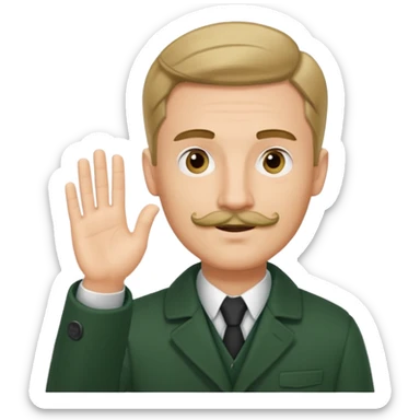 German guy with short mustache and a comb over raising his hand with a dark green coat sticker