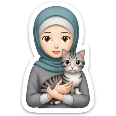 Asian White girl wearing hijab holding a black grey tabby cat while standing .  sticker