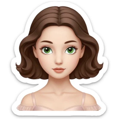 Cinema Realistic Ballerina Portrait, with porcelain-like skin featuring a natural rosy flush, illuminated by soft lighting that highlights the gentle contours of her face. Her Brunette hair flows in soft.Her deep green light eyes radiate framed by arched brows and long lashes. sticker