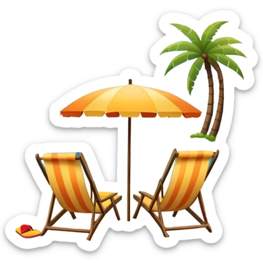 Icon for Beach Tourism: a sandy beach with a ocean skyline in the background, lounge chair, sun umbrella and flip-flops. The icon should capture the relaxation and fun of a beach vacation. Transparent background sticker