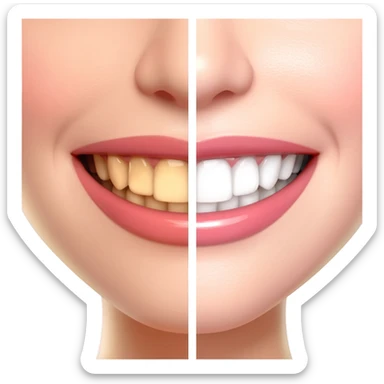 split-screen close-up of smile showing a teeth whitening before-and-after comparison. Left side with slightly yellow, natural teeth; right side with bright white, polished teeth. Glossy pink lips, smooth skin, soft studio lighting, vertical divider line in the center, detailed texture sticker