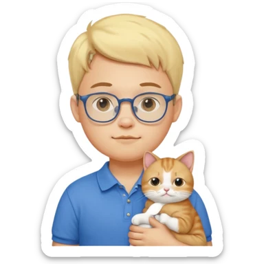 emoji ios, soft boy carrying a cat, light yellow skin, blue polo shirt, bespectacled, cute and a little plump, with slightly chubby cheeks. sticker