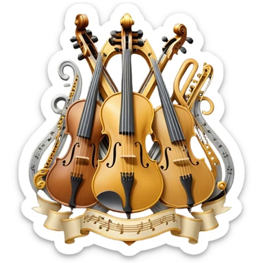 Create a sophisticated, festive, and professional emoji collage resembling a coat of arms, symbolizing string instruments. The design should feature several string instruments, such as a violin, cello, guitar, and harp, arranged in an elegant, balanced composition. Each instrument's neck (fingerboard) should intertwine with flowing musical notes, forming a ribbon-like structure that weaves through the instruments. The strings of the instruments should be emphasized, creating a dynamic and elegant effect. Use rich gold and silver accents to highlight the professional quality of the instruments, with deep wooden tones for the body of each instrument. Surround the instruments with a subtle border, resembling a heraldic crest, and add small decorative elements like laurel leaves or subtle flourishes. The background should be transparent to keep the design clean and polished. sticker