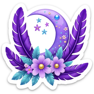 Beautiful poetic ethereal romantic aesthetic sparkly glittery shiny pretty floating pastel lilac lavender Violet moon and flowers and leaves and feathers and sparkles and stars aesthetic deco sticker