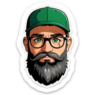 A bold man with a grey baseball cap, green eyes, big beard and glasses in love! sticker