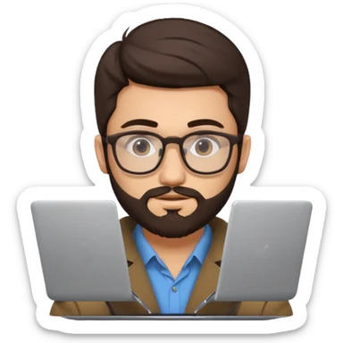 23 year old Azerbaijani man with dark brown hair and beard with glasses and laptop sticker