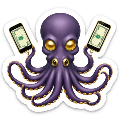 Intimidating octopus with pearl black skin, neon suction cups. Evil glaring eyes. Wearing white face mask and thick gold chain. 2 tentacles are holding their own cellphone, 2 more tentacles are holding stacks of money. sticker