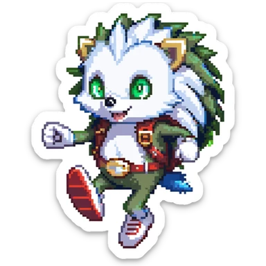 scene of a blue anthropomorphic hedgehog with spiky quills, large green eyes, white gloves, red shoes with white strap and gold buckle, running at high speed in a lush Green Hill Zone with looping hills, checkerboard terrain, golden rings, and motion blur lines, dynamic energetic pose sticker