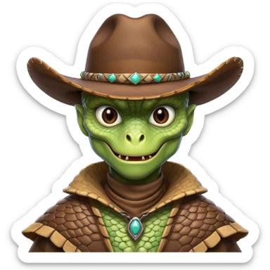 Portrait of a reptilian alien cowboy with textured scales, slit pupils, sharp jawline, dark brown cowboy hat, leather poncho, intense gaze, warm desert lighting, hyper realistic, shallow depth of field, cinematic western atmosphere
 sticker