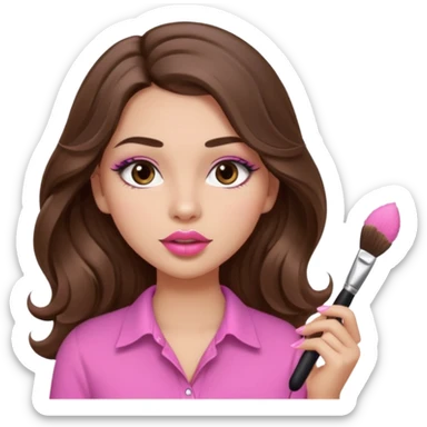 girl with long wavy brown hair, brown eyes, light to medium complexion, in a pink shirt, pink lips, long lashes, puckered lips, putting on makeup with a fluffy brush sticker