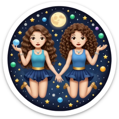 moon juggling — long wavy brown hair tattooed woman and short tight curly brown hair woman — tiny moons and crystals sticker