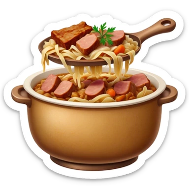 Cinematic Realistic Bigos Dish Emoji, showcasing a hearty stew of sauerkraut and meats rendered with rich textures and dynamic, rustic lighting. sticker