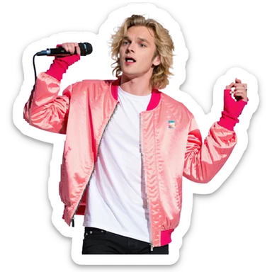 Expressive male performer, Caucasian features, tousled sandy blonde hair, lively eyes, wide cheerful smile, wearing a coral pink jacket over white tee, tossing a microphone in one hand, waist-up, front-facing sticker