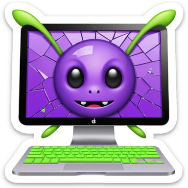 Broken computer screen with poxelated bugs. Color scheme is purple and limegreen sticker