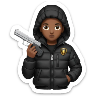 african american wearing a black puffer jacket with the hood on and holding a glock 26 sticker