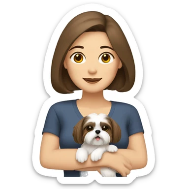 Brunette woman with chin length hair hugging two shih-tzu dogs sticker