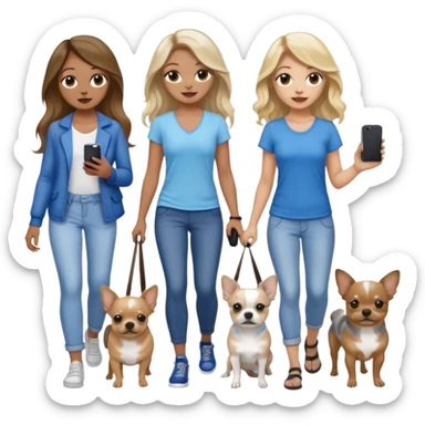 Three women in summer clothes holding iPhone, hazel eyed light skin with dark blonde long hair and light skin hazel eyed brown long wavy hair, blue eyed light skin long blonde hair walking 2 different dogs that are blue and gray spotted Merle Frenchie and one black and tan chihuahua  sticker
