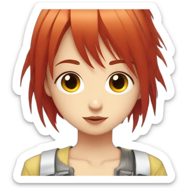 (gril) makima from the manga chainsawman with red hair fringe, yellow eyes with a circle inside sticker