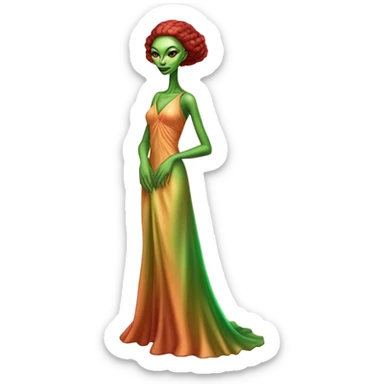 reptilian green alien woman, in long slim pastel orange formal party satin dress with gradient shiny sparkling dark red, full figure, full body sticker